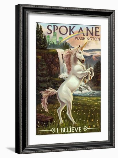 Spokane, Washington - Unicorn Scene-Lantern Press-Framed Art Print