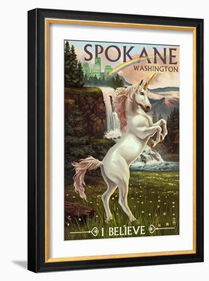 Spokane, Washington - Unicorn Scene-Lantern Press-Framed Art Print