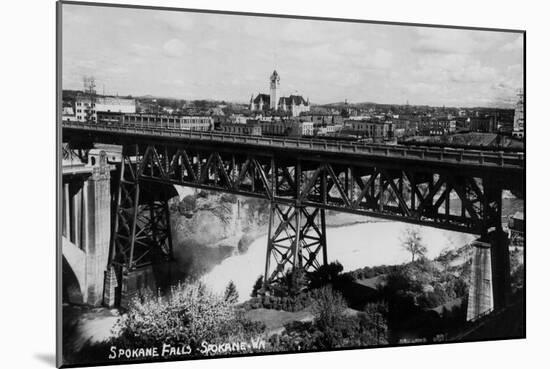 Spokane, Washington - View of Spokane Falls and Bridge-Lantern Press-Mounted Art Print