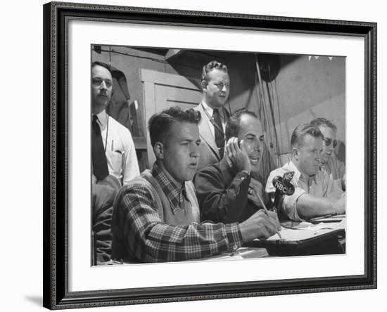 Sports Commentator William Stern Performing a Broadcast During a Football Game-null-Framed Photographic Print