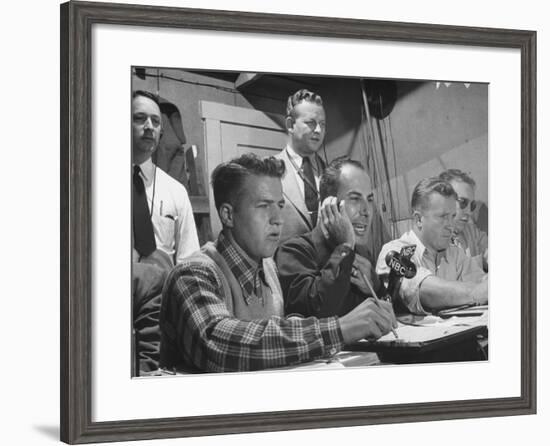 Sports Commentator William Stern Performing a Broadcast During a Football Game-null-Framed Photographic Print