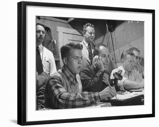 Sports Commentator William Stern Performing a Broadcast During a Football Game-null-Framed Photographic Print