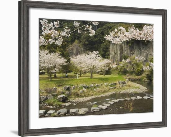 Spring Cherry Blossoms Near River with Stepping Stones, Kagoshima Prefecture, Kyushu, Japan-Christian Kober-Framed Photographic Print