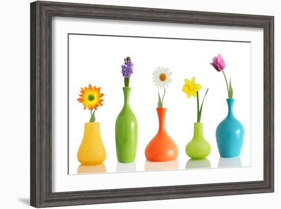 Spring Flowers In Vases Isolated On White-Acik-Framed Art Print