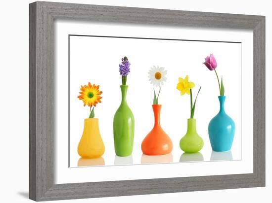 Spring Flowers In Vases Isolated On White-Acik-Framed Art Print