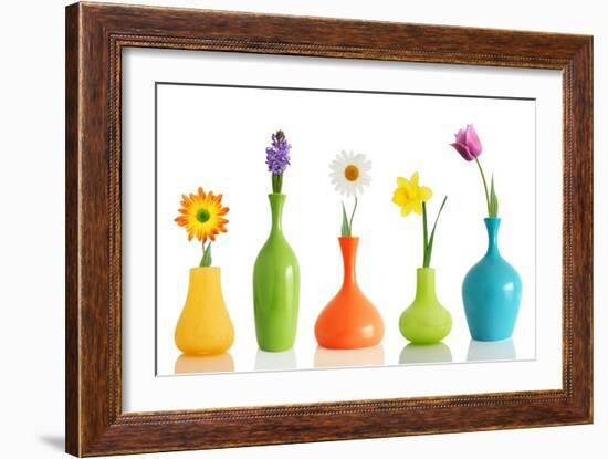 Spring Flowers In Vases Isolated On White-Acik-Framed Art Print