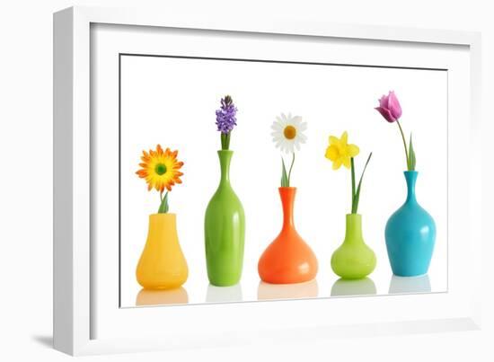 Spring Flowers In Vases Isolated On White-Acik-Framed Art Print