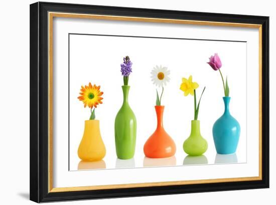 Spring Flowers In Vases Isolated On White-Acik-Framed Art Print