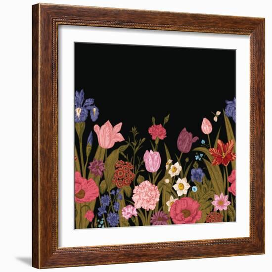 Spring Flowers. Seamless Floral Border. Colorful Poppies Iris Tulips Carnations Primroses Daffodils-Olga Korneeva-Framed Art Print