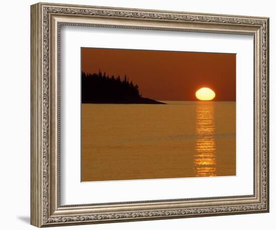 Spring Sunrise Silhouettes Edwards Island and Reflects Light on Lake Superior-Mark Carlson-Framed Photographic Print