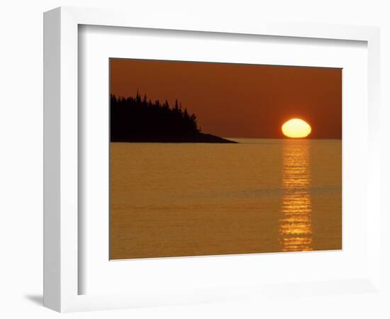 Spring Sunrise Silhouettes Edwards Island and Reflects Light on Lake Superior-Mark Carlson-Framed Photographic Print