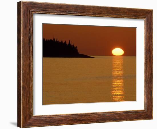 Spring Sunrise Silhouettes Edwards Island and Reflects Light on Lake Superior-Mark Carlson-Framed Photographic Print