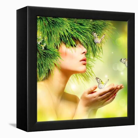 Spring Woman. Beauty Summer Girl with Grass Hair and Green Makeup. Butterflies. Nature Style. Envir-Subbotina Anna-Framed Premier Image Canvas
