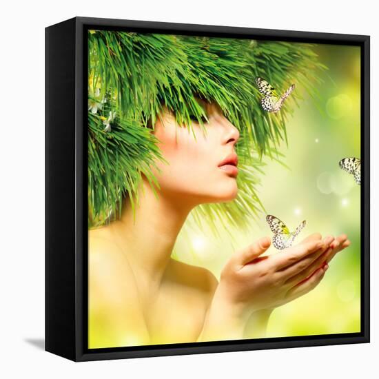 Spring Woman. Beauty Summer Girl with Grass Hair and Green Makeup. Butterflies. Nature Style. Envir-Subbotina Anna-Framed Premier Image Canvas