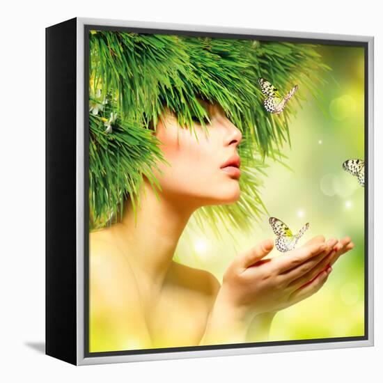 Spring Woman. Beauty Summer Girl with Grass Hair and Green Makeup. Butterflies. Nature Style. Envir-Subbotina Anna-Framed Premier Image Canvas