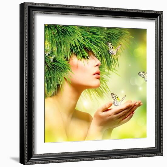 Spring Woman. Beauty Summer Girl with Grass Hair and Green Makeup. Butterflies. Nature Style. Envir-Subbotina Anna-Framed Photographic Print