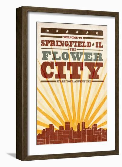 Springfield, Illinois - Skyline and Sunburst Screenprint Style-Lantern Press-Framed Art Print