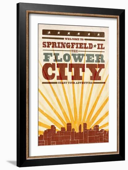 Springfield, Illinois - Skyline and Sunburst Screenprint Style-Lantern Press-Framed Art Print