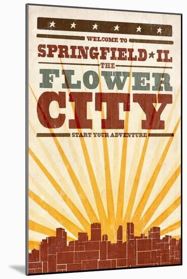 Springfield, Illinois - Skyline and Sunburst Screenprint Style-Lantern Press-Mounted Art Print