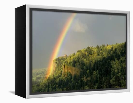 Springtime Rainbow Arching Over Vista House on Crown Point-Steve Terrill-Framed Premier Image Canvas