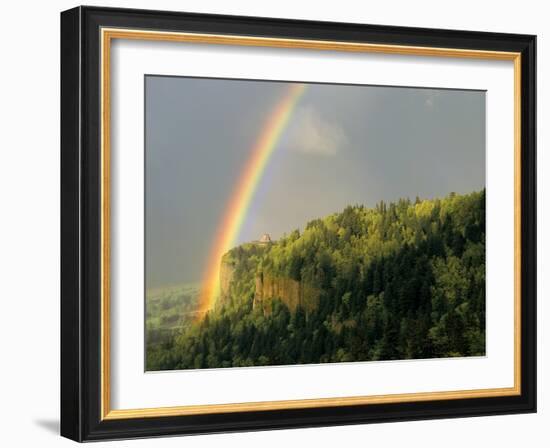 Springtime Rainbow Arching Over Vista House on Crown Point-Steve Terrill-Framed Photographic Print