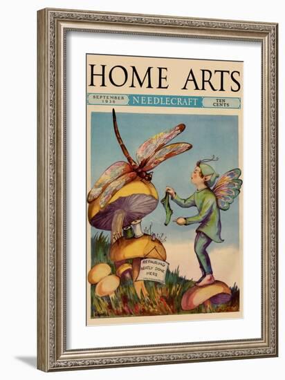 Sprite Needs His Socks Darned By a Dragonfly Who Is Sitting On a Mushroom-null-Framed Art Print