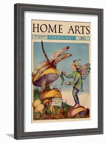 Sprite Needs His Socks Darned By a Dragonfly Who Is Sitting On a Mushroom-null-Framed Art Print