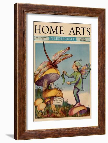 Sprite Needs His Socks Darned by a Dragonfly Who Is Sitting on a Mushroom-Home Arts-Framed Art Print