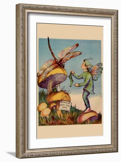Sprite Needs His Socks Darned By a Dragonfly Who Is Sitting On a Mushroom-null-Framed Art Print