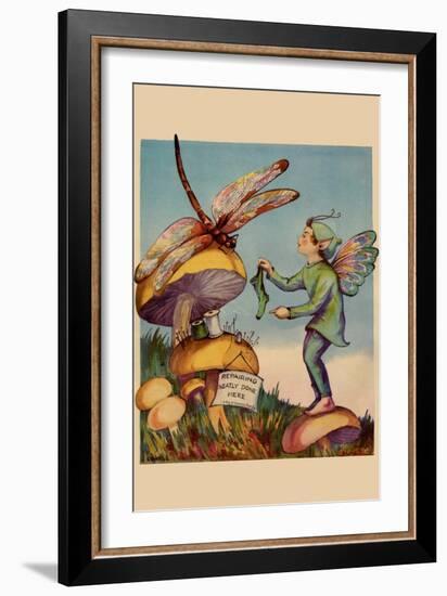 Sprite Needs His Socks Darned By a Dragonfly Who Is Sitting On a Mushroom-null-Framed Art Print