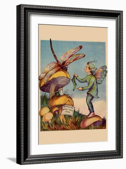 Sprite Needs His Socks Darned By a Dragonfly Who Is Sitting On a Mushroom-null-Framed Art Print