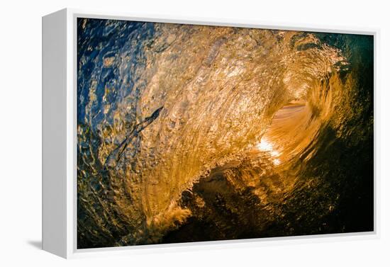 Spun Gold-Inside a tubing wave at sunset, shot from the water, Kirra, Queensland, Australia-Mark A Johnson-Framed Premier Image Canvas