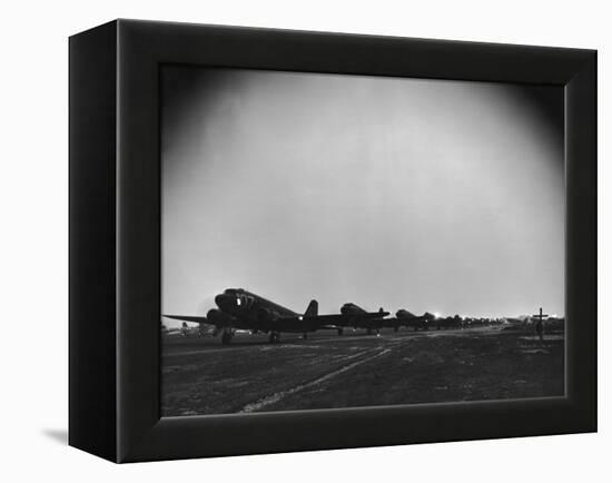 Squadron of C-47 Cargo Transports Preparing for an Evening Take Off During WWII-null-Framed Premier Image Canvas