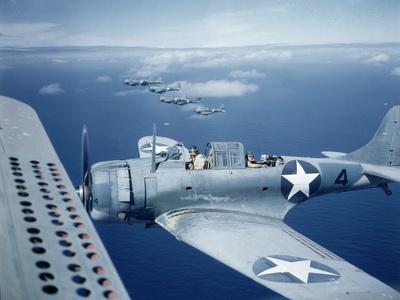 Squadron Of Us Douglas Sbd 3 Dauntless In Flight As Patrolling Coral Reefs Off Midway Island 1942 Photographic Print Frank Scherschel Art Com