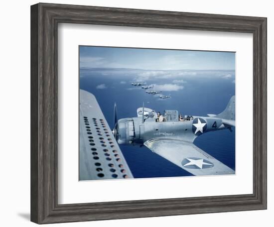 Squadron of Us Douglas Sbd-3 Dauntless in Flight as Patrolling Coral Reefs Off Midway Island, 1942-Frank Scherschel-Framed Photographic Print