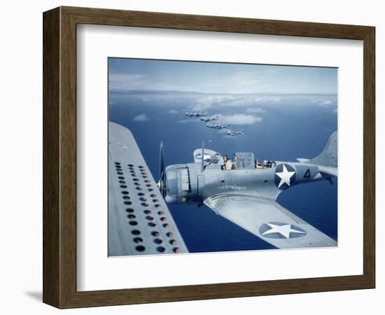 Squadron of Us Douglas Sbd-3 Dauntless in Flight as Patrolling Coral Reefs Off Midway Island, 1942-Frank Scherschel-Framed Photographic Print