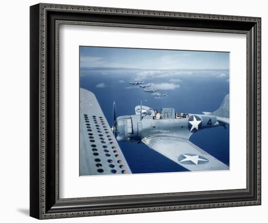 Squadron of Us Douglas Sbd-3 Dauntless in Flight as Patrolling Coral Reefs Off Midway Island, 1942-Frank Scherschel-Framed Photographic Print