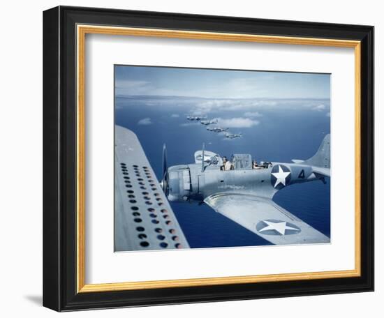 Squadron of Us Douglas Sbd-3 Dauntless in Flight as Patrolling Coral Reefs Off Midway Island, 1942-Frank Scherschel-Framed Photographic Print