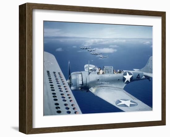 Squadron of Us Douglas Sbd-3 Dauntless in Flight as Patrolling Coral Reefs Off Midway Island, 1942-Frank Scherschel-Framed Photographic Print