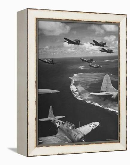 Squadron of US Douglas SBD3 Dive Bombers in Flight, Patrolling Coral Reefs Off Midway Island-Frank Scherschel-Framed Premier Image Canvas