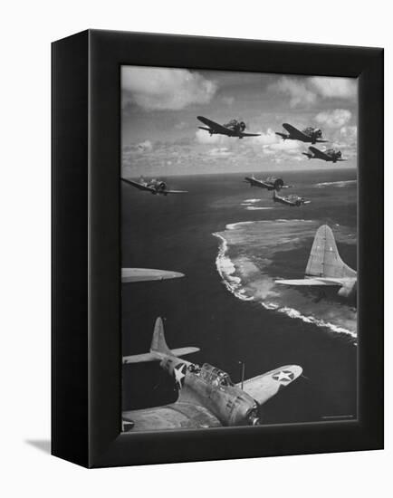 Squadron of US Douglas SBD3 Dive Bombers in Flight, Patrolling Coral Reefs Off Midway Island-Frank Scherschel-Framed Premier Image Canvas