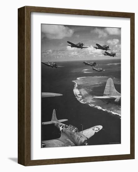 Squadron of US Douglas SBD3 Dive Bombers in Flight, Patrolling Coral Reefs Off Midway Island-Frank Scherschel-Framed Photographic Print