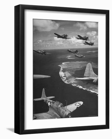 Squadron of US Douglas SBD3 Dive Bombers in Flight, Patrolling Coral Reefs Off Midway Island-Frank Scherschel-Framed Photographic Print