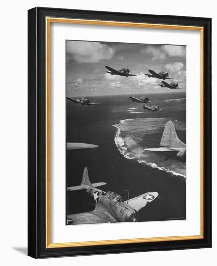 Squadron of US Douglas SBD3 Dive Bombers in Flight, Patrolling Coral Reefs Off Midway Island-Frank Scherschel-Framed Photographic Print