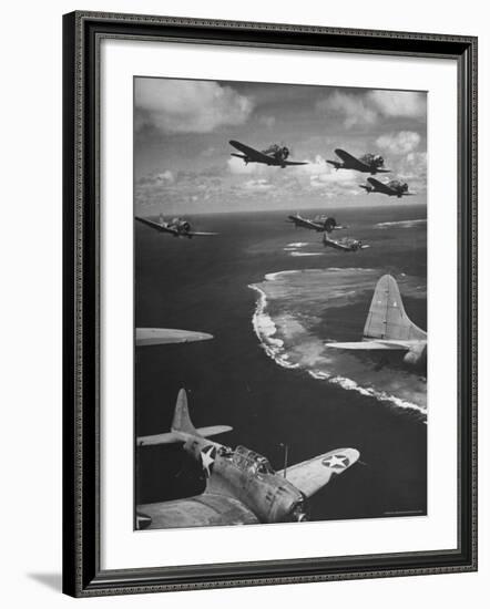 Squadron of US Douglas SBD3 Dive Bombers in Flight, Patrolling Coral Reefs Off Midway Island-Frank Scherschel-Framed Photographic Print