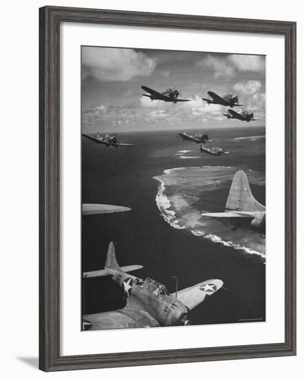 Squadron of US Douglas SBD3 Dive Bombers in Flight, Patrolling Coral Reefs Off Midway Island-Frank Scherschel-Framed Photographic Print