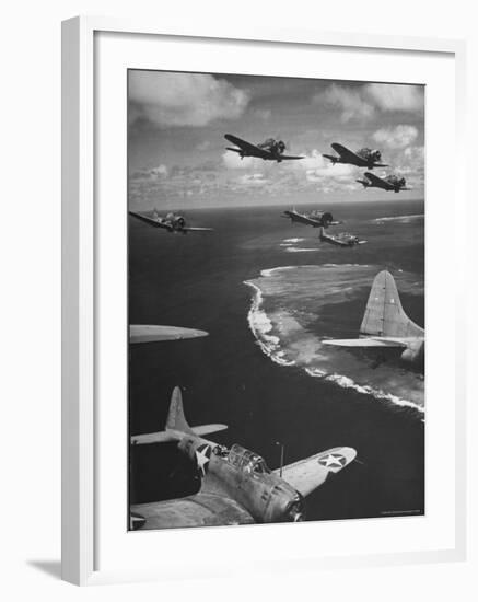 Squadron of US Douglas SBD3 Dive Bombers in Flight, Patrolling Coral Reefs Off Midway Island-Frank Scherschel-Framed Photographic Print