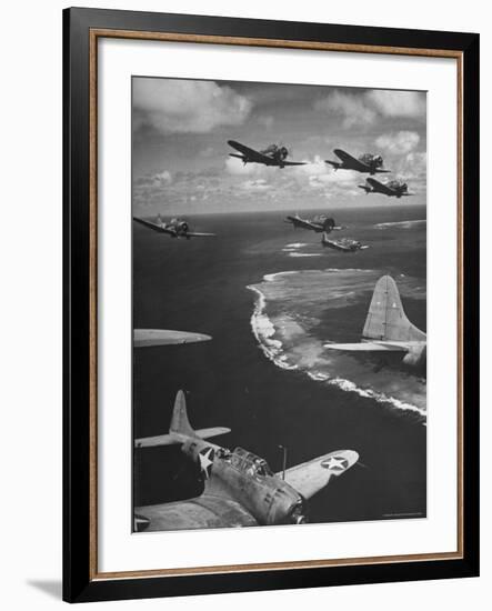 Squadron of US Douglas SBD3 Dive Bombers in Flight, Patrolling Coral Reefs Off Midway Island-Frank Scherschel-Framed Photographic Print