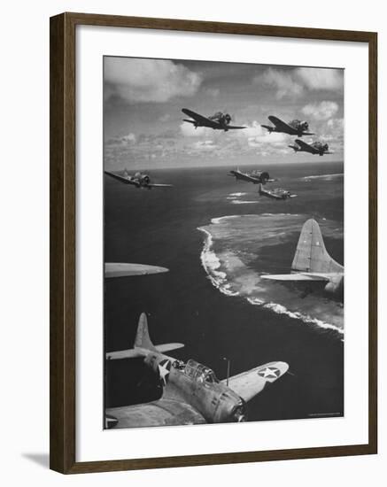 Squadron of US Douglas SBD3 Dive Bombers in Flight, Patrolling Coral Reefs Off Midway Island-Frank Scherschel-Framed Photographic Print