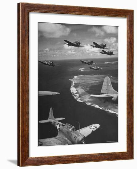 Squadron of US Douglas SBD3 Dive Bombers in Flight, Patrolling Coral Reefs Off Midway Island-Frank Scherschel-Framed Photographic Print